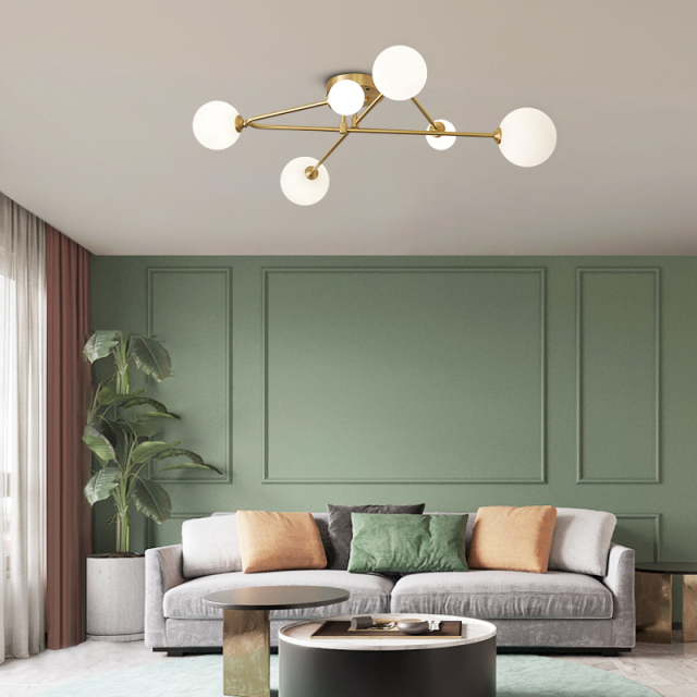 Modern Mid-century Cross Type Brass Sputnik Opal Globes 6 Light Flush Mount Ceiling Light for Living Room Dining Table
