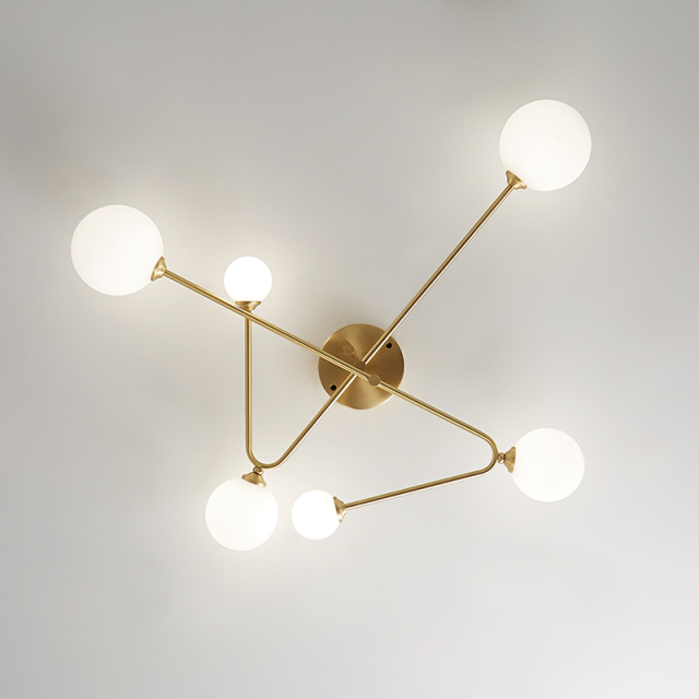 Modern Mid-century Cross Type Brass Sputnik Opal Globes 6 Light Flush Mount Ceiling Light for Living Room Dining Table