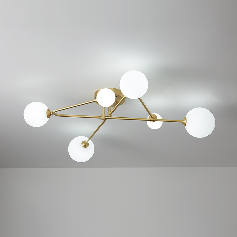 Mid-century Modern Cross Brass Sputnik Opal Globes 6 Light Semi Flush Mount Ceiling Light for Living / Dining Room Bedroom