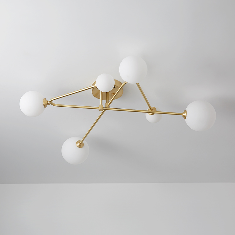 Mid-century Modern Cross Brass Sputnik Opal Globes 6 Light Semi Flush Mount Ceiling Light for Living / Dining Room Bedroom
