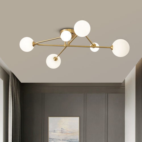 Mid-century Modern Cross Brass Sputnik Opal Globes 6 Light Semi Flush Mount Ceiling Light for Living / Dining Room Bedroom