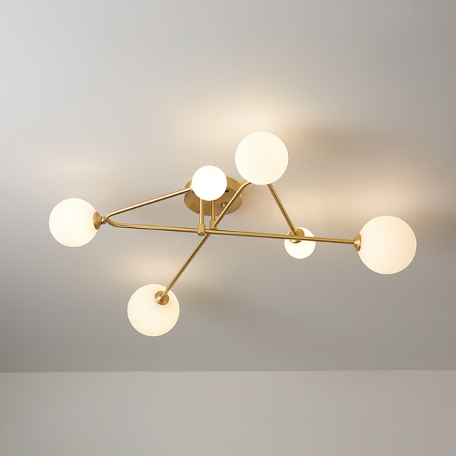 Modern Mid-century Cross Type Brass Sputnik Opal Globes 6 Light Flush Mount Ceiling Light for Living Room Dining Table