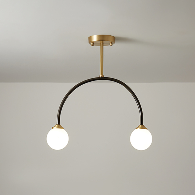 Modern Simple 2-Light Arched Brass Ceiling Light Hanging Light with Glass Globes