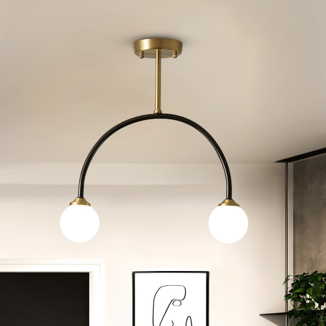 Modern Simple 2-Light Arched Brass Ceiling Light Hanging Light with Glass Globes