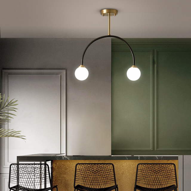 Modern Simple 2-Light Arched Brass Ceiling Light Hanging Light with Glass Globes
