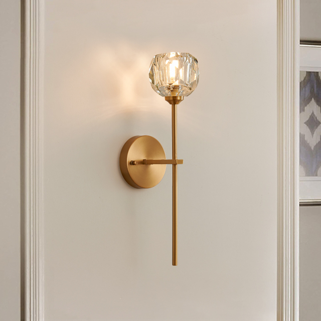 Contemporary Mid-Century Brass Wall Sconce  with Crystal Shade for Bedroom Living Room