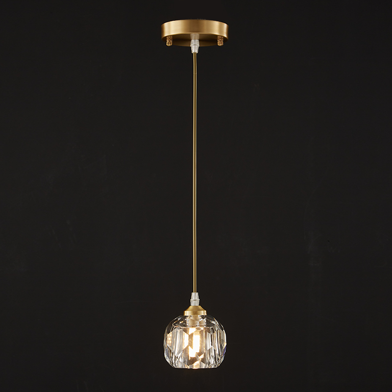 Minimalist Brass Mini Pendant Lighting Crystal Shade Hanging Light in Round Canopy for Bedside/Kitchen/Dining Room