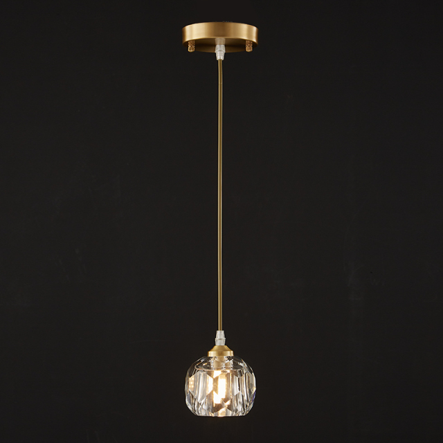 Minimalist Brass Mini Pendant Lighting Crystal Shade Hanging Light in Round Canopy for Bedside/Kitchen/Dining Room