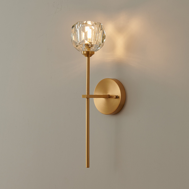 Contemporary Mid-Century Brass Wall Sconce  with Crystal Shade for Bedroom Living Room