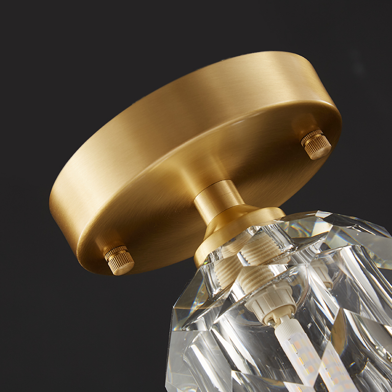 Mid-Century Small Brass Flush Mount Ceiling Light in Circle Crystal Shade
