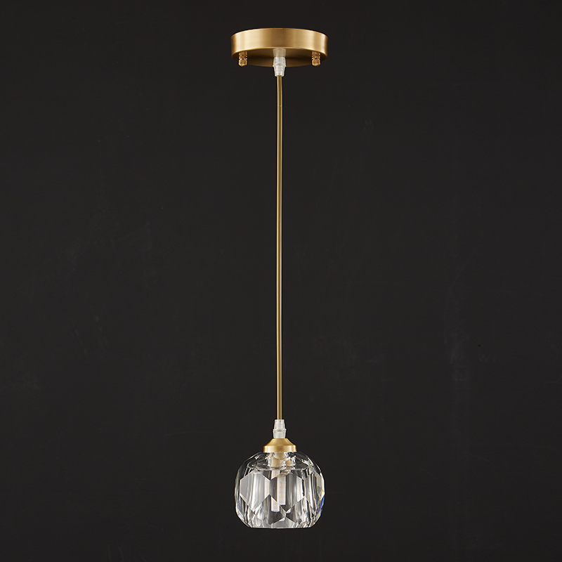 Minimalist Brass Mini Pendant Lighting Crystal Shade Hanging Light in Round Canopy for Bedside/Kitchen/Dining Room