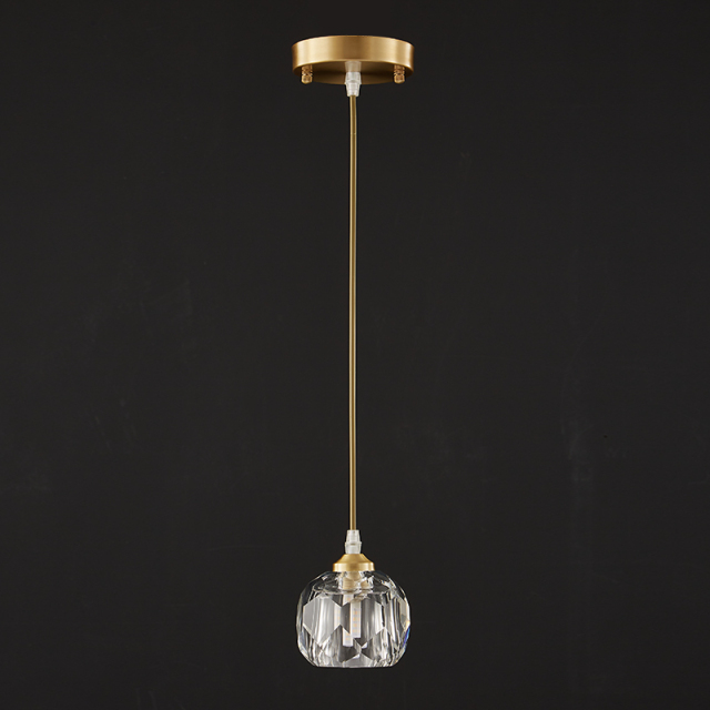 Minimalist Brass Mini Pendant Lighting Crystal Shade Hanging Light in Round Canopy for Bedside/Kitchen/Dining Room