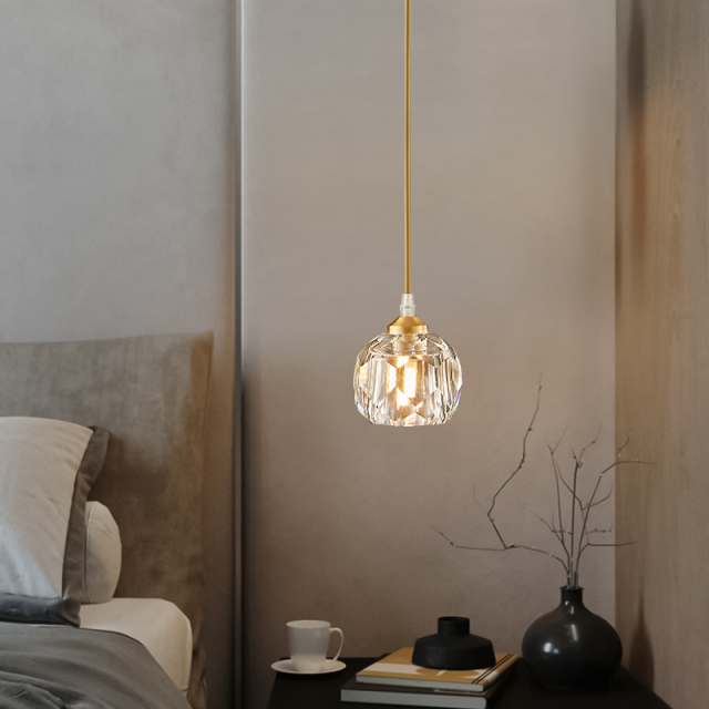 Minimalist Brass Mini Pendant Lighting Crystal Shade Hanging Light in Round Canopy for Bedside/Kitchen/Dining Room
