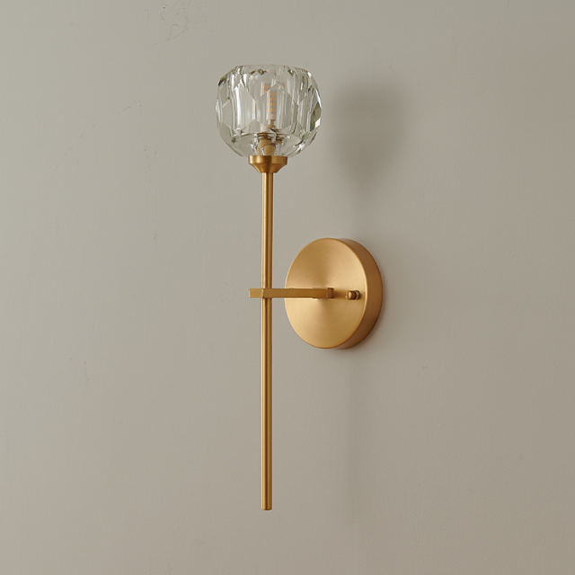 Contemporary Mid-Century Brass Wall Sconce  with Crystal Shade for Bedroom Living Room