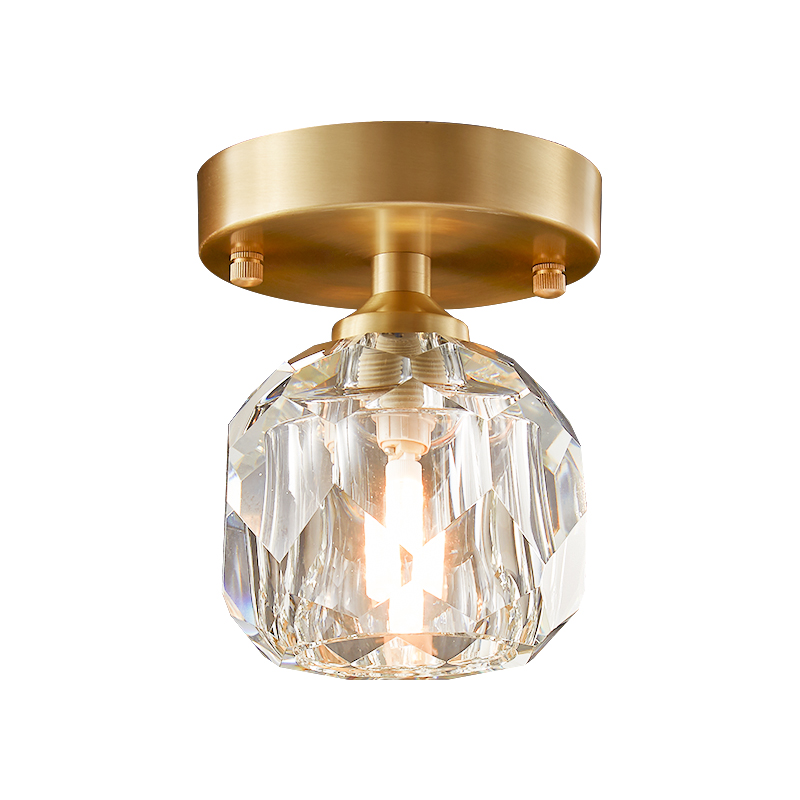 Mid-Century Small Brass Flush Mount Ceiling Light in Circle Crystal Shade