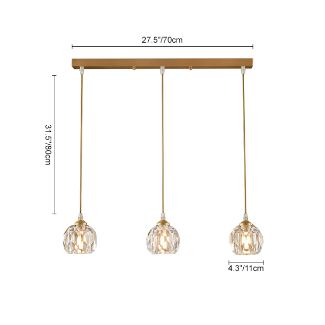 3-Light Glam Mid-century Cluster Pendant Lighting in Rectangle Canopy with Clear Crystal Shade for Kitchen Island Dining Table