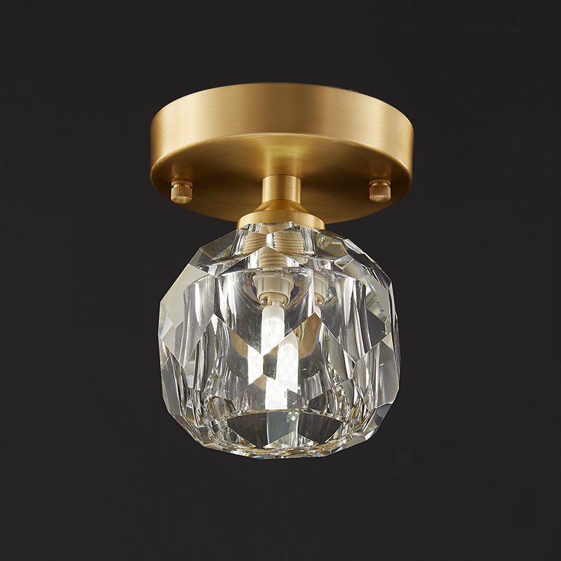 Mid-Century Small Brass Flush Mount Ceiling Light in Circle Crystal Shade