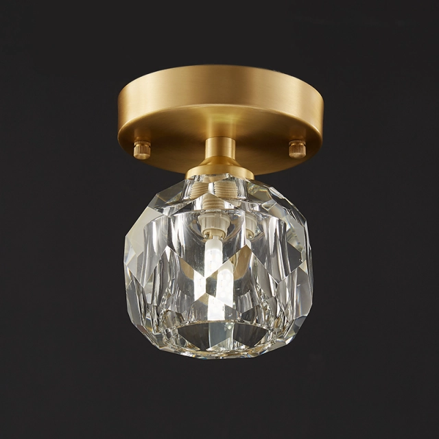 Minimalist Small Brass Flush Mount Ceiling Light in Circle Crystal Shade