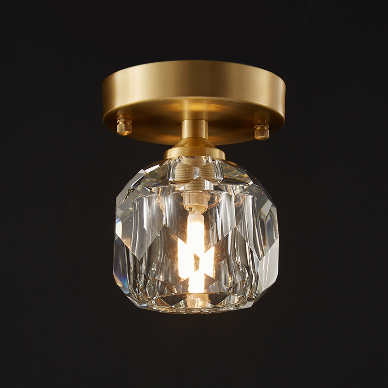 Mid-Century Small Brass Flush Mount Ceiling Light in Circle Crystal Shade