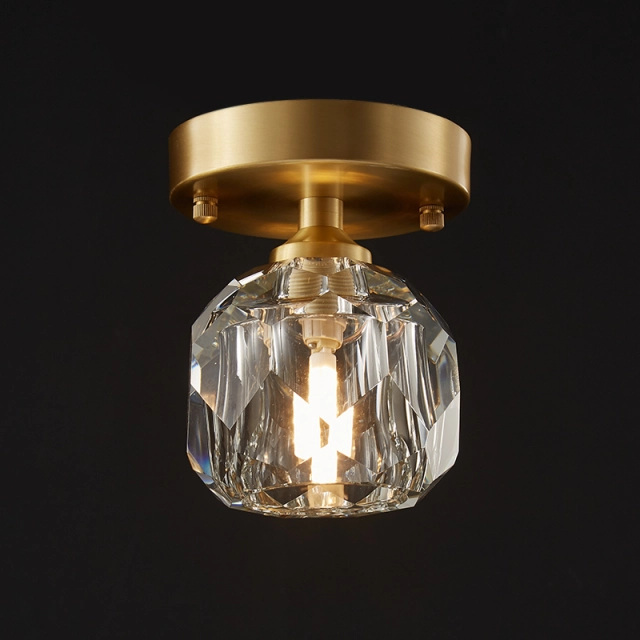 Minimalist Small Brass Flush Mount Ceiling Light in Circle Crystal Shade