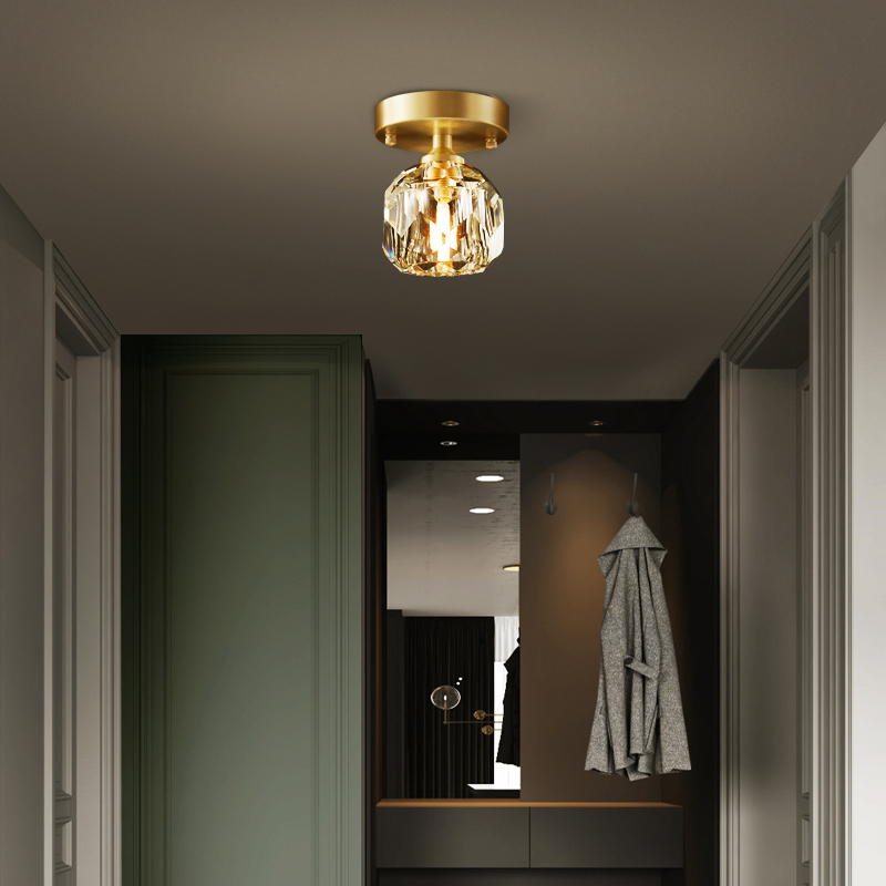Mid-Century Small Brass Flush Mount Ceiling Light in Circle Crystal Shade