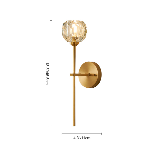 Contemporary Mid-Century Brass Wall Sconce  with Crystal Shade for Bedroom Living Room