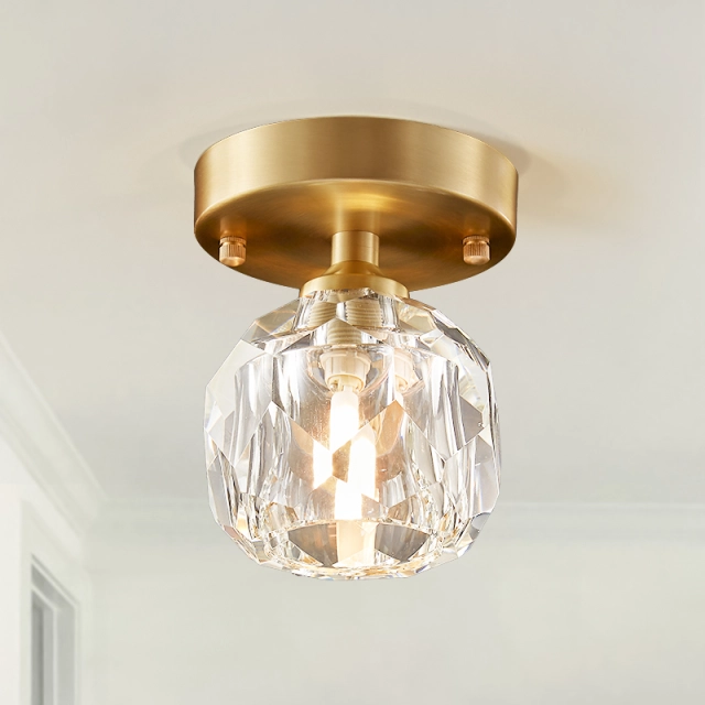 Minimalist Small Brass Flush Mount Ceiling Light in Circle Crystal Shade