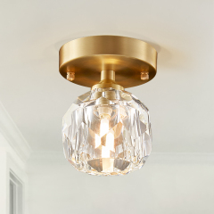 Mid-Century Small Brass Flush Mount Ceiling Light in Circle Crystal Shade