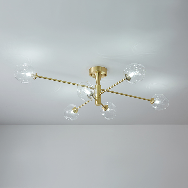 Modern Mid-Century 6 Light Sputnik Open Glass Shade Flush Mount Ceiling Light in Brass for Bedroom Living Room