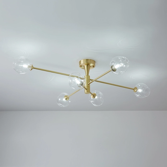 Modern 6 Light Sputnik Open Glass Shade Flush Mount Ceiling Light in Brass