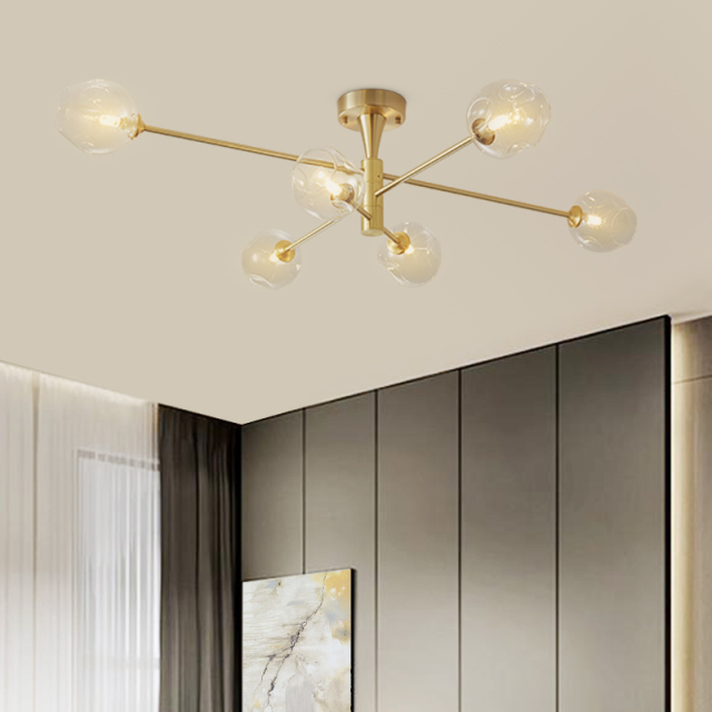 Modern 6 Light Sputnik Open Glass Shade Flush Mount Ceiling Light in Brass