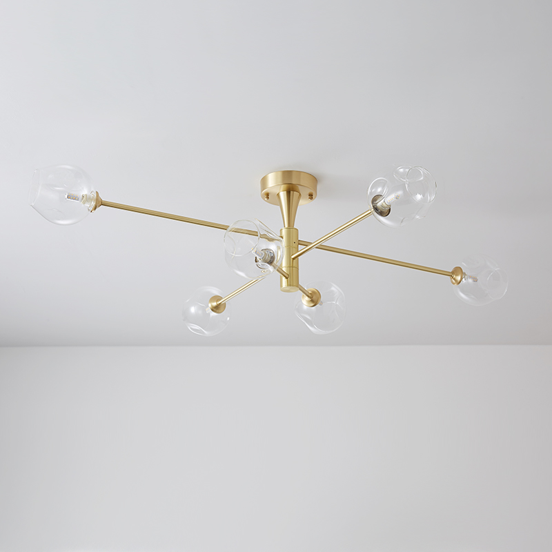 Modern Mid-Century 6 Light Sputnik Open Glass Shade Flush Mount Ceiling Light in Brass for Bedroom Living Room