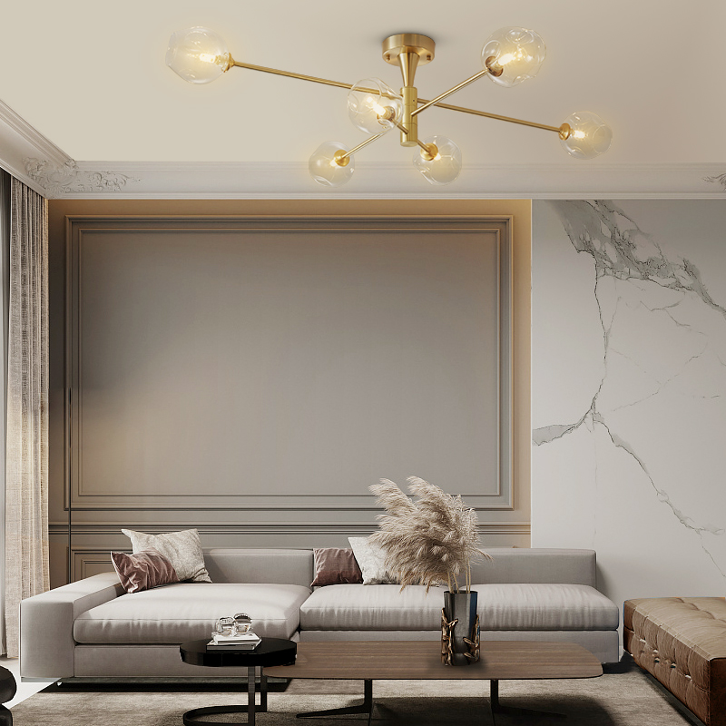 Modern Mid-Century 6 Light Sputnik Open Glass Shade Flush Mount Ceiling Light in Brass for Bedroom Living Room
