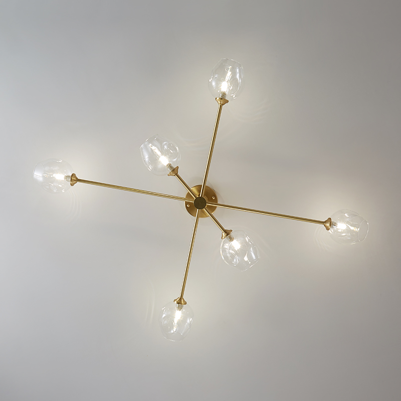 Modern Mid-Century 6 Light Sputnik Open Glass Shade Flush Mount Ceiling Light in Brass for Bedroom Living Room