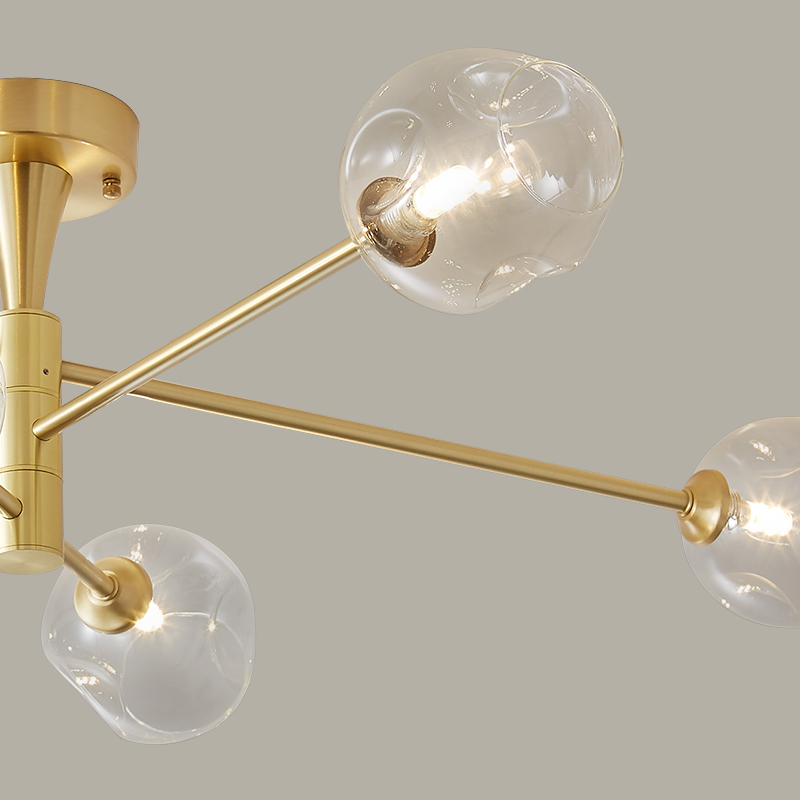 Modern Mid-Century 6 Light Sputnik Open Glass Shade Flush Mount Ceiling Light in Brass for Bedroom Living Room