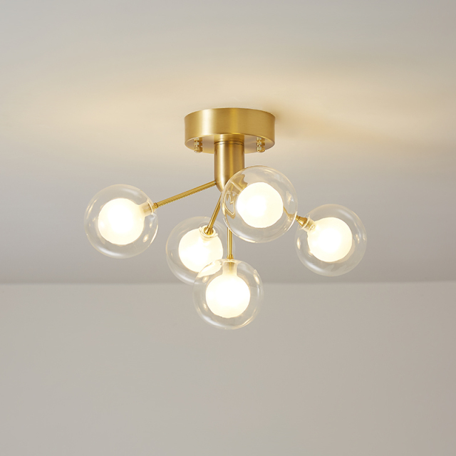 5 Light Sputnik Modern Glass Semi-Flush Ceiling Light in Brass