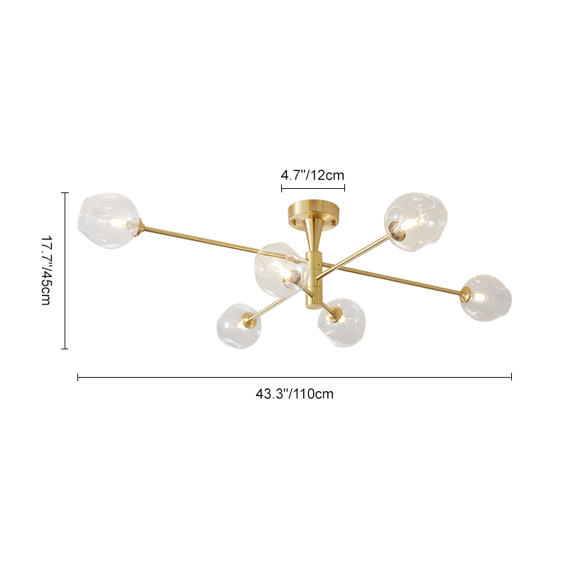 Modern Mid-Century 6 Light Sputnik Open Glass Shade Flush Mount Ceiling Light in Brass for Bedroom Living Room
