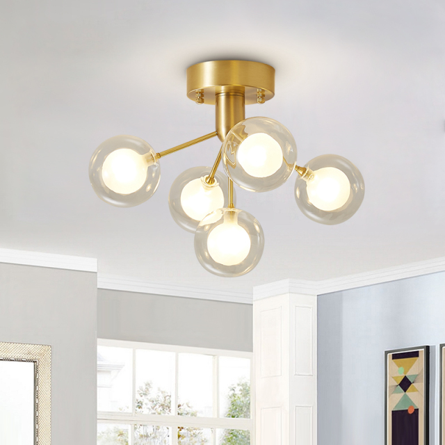 5 Light Sputnik Modern Glass Semi-Flush Ceiling Light in Brass