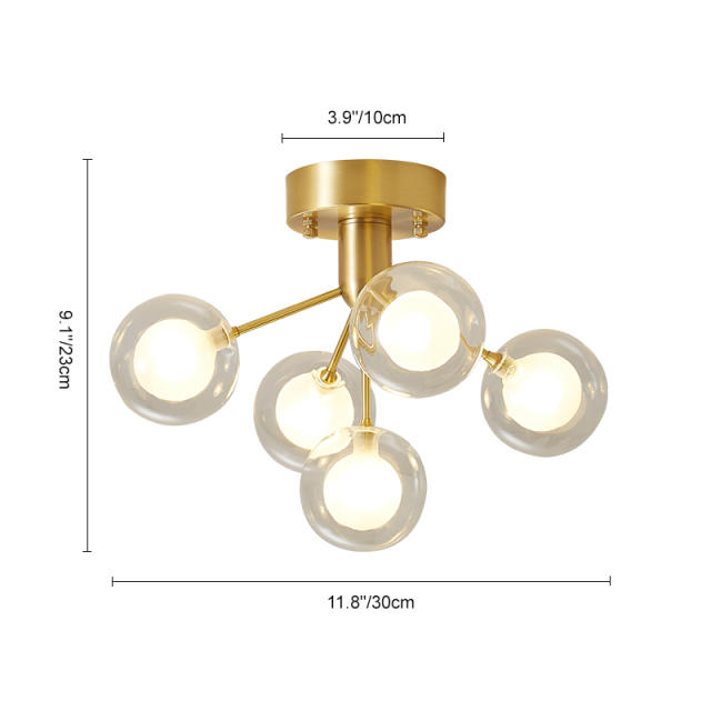 5 Light Sputnik Modern Glass Semi-Flush Ceiling Light in Brass