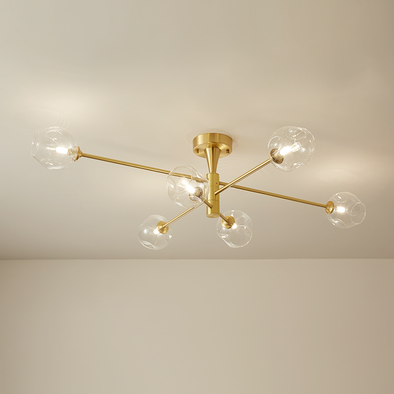 Modern Mid-Century 6 Light Sputnik Open Glass Shade Flush Mount Ceiling Light in Brass for Bedroom Living Room