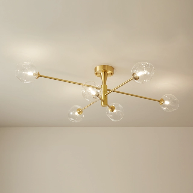 Modern 6 Light Sputnik Open Glass Shade Flush Mount Ceiling Light in Brass