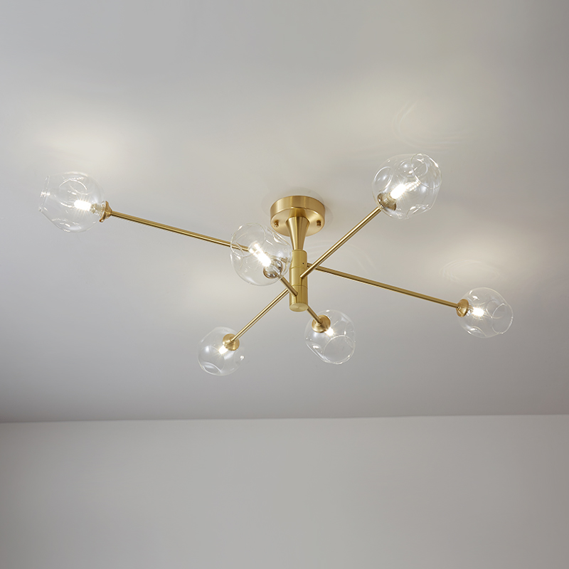 Modern Mid-Century 6 Light Sputnik Open Glass Shade Flush Mount Ceiling Light in Brass for Bedroom Living Room