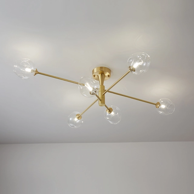 Modern 6 Light Sputnik Open Glass Shade Flush Mount Ceiling Light in Brass