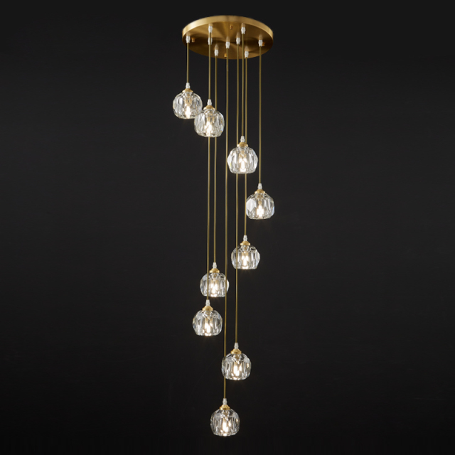 9-Light Glam Foyer Chandelier Mid-century Swirl Cluster Pendant Lighting with Clear Crystal Shade for Staircase Stairway