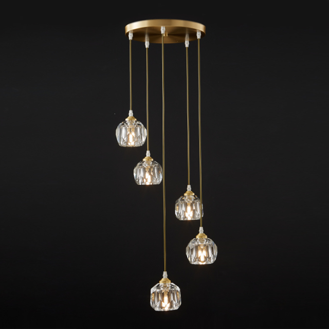 5-Light Mid-century Dome Swirl Cluster Pendant Lighting with Crystal Accent for Stairway Dining Room