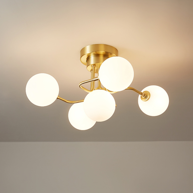 Mid-century 5 Light Spin Flush Mount Glass Globes Ceiling Light with Curved Arm