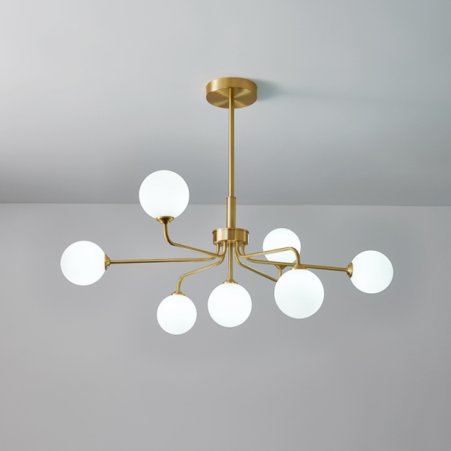 Modern Mid-century Glam 7 Light Sputnik Arms Chandelier with Glass Milk Globes for Bedroom Living Room