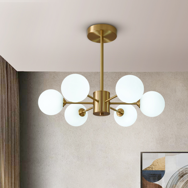 Mid-century Glam 6 Light Arms Sputnik Chandelier with Glass Milk Globes for Living Room Bedroom