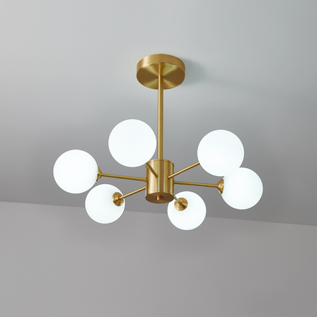 Mid-century Glam 6 Light Arms Sputnik Chandelier with Glass Milk Globes for Living Room Bedroom