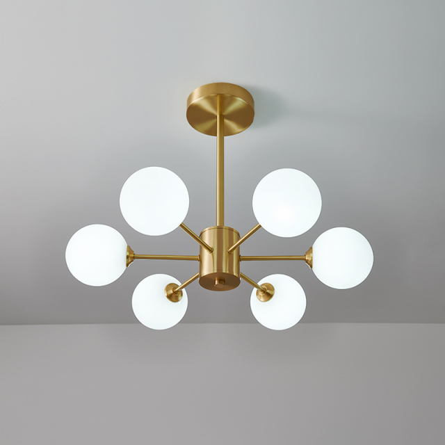 Mid-century Glam 6 Light Arms Sputnik Chandelier with Glass Milk Globes for Living Room Bedroom